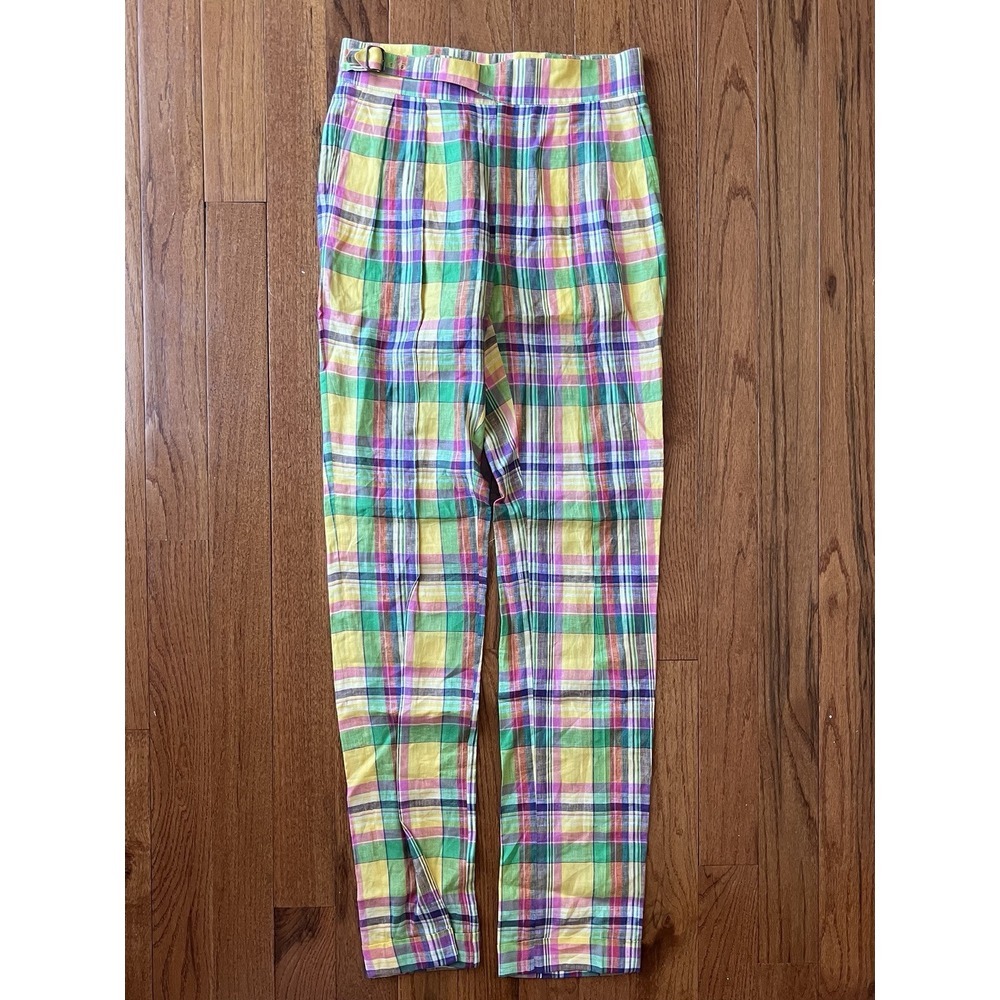 Ralph‎ Lauren Purple Label Byron Lux Plaid Multicolor Linen Trousers 32x38